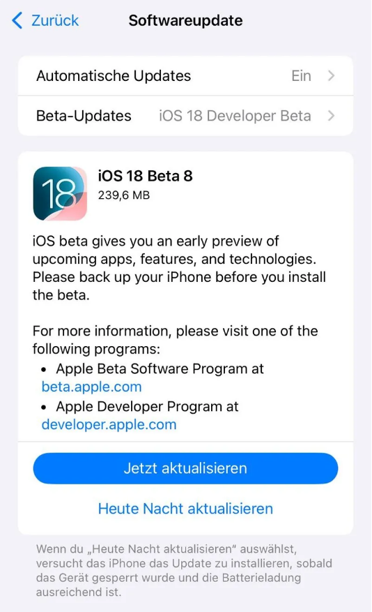 珠山苹果手机维修分享苹果 iOS / iPadOS 18 开发者预览版 Beta 8 发布 